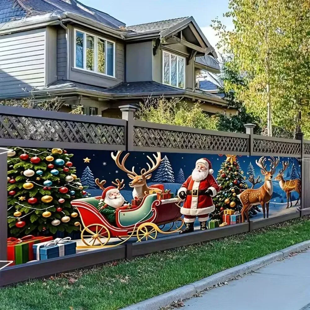 18 x 79 Holiday Wall Banner Festive Christmas Santa w Sleigh and Reindeer
